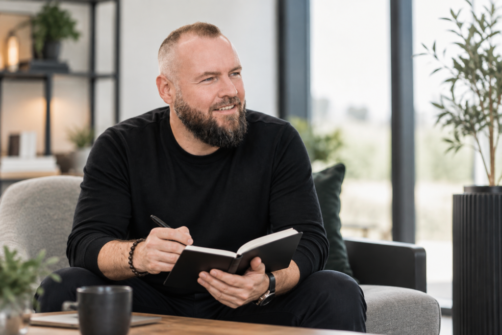 Nikolai Penner sitzt mit Notizbuch und Stift in einem hellen Besprechungsraum